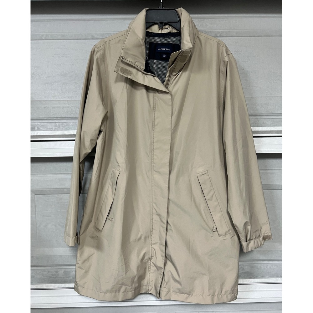 Lands End Gore-Tex Rain Jacket Womens Medium 10-12 Tan Khaki Hooded Parka Coat
